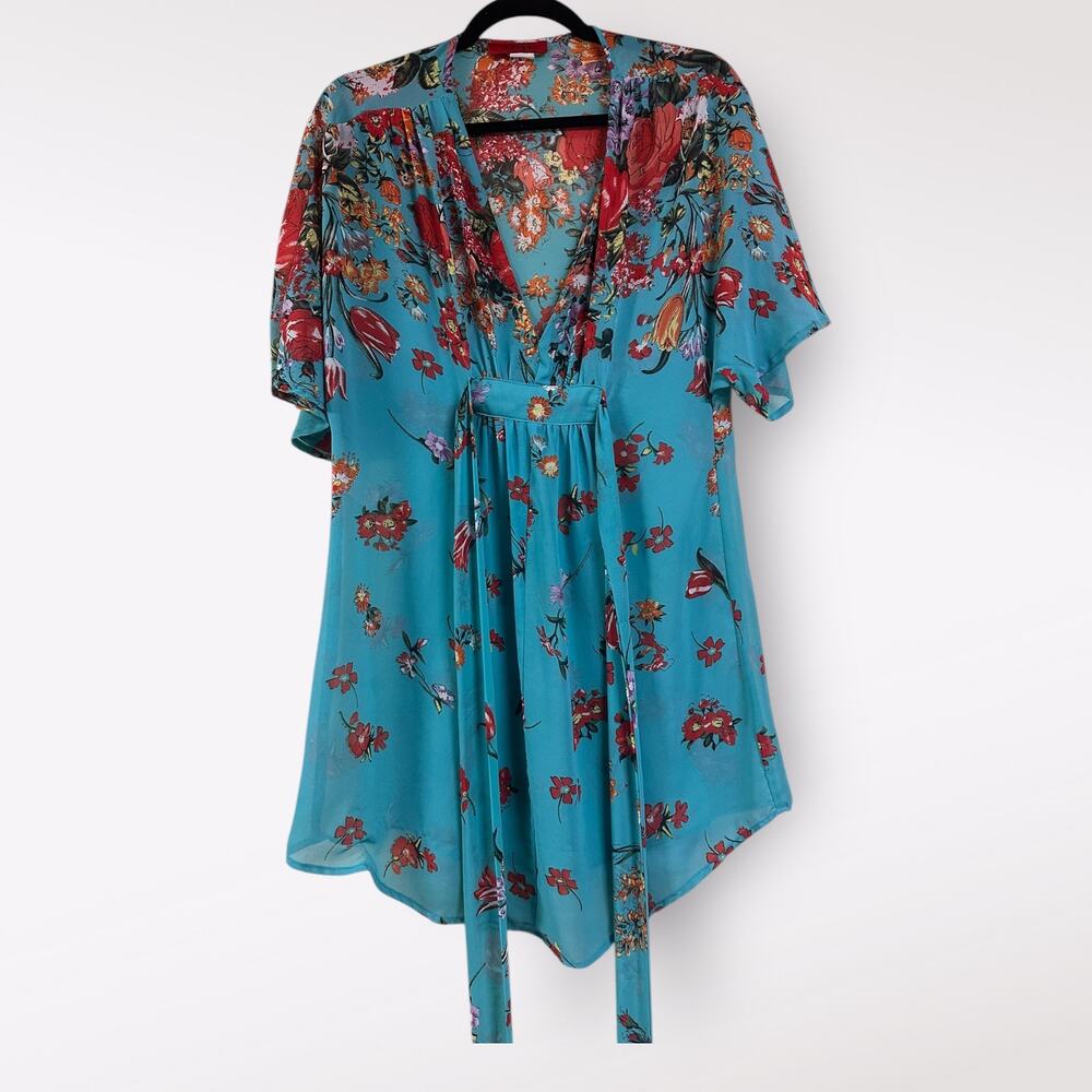 Akira‎ | Medium Tunic Top Blue Floral Tied V-Neck Party Work Casual